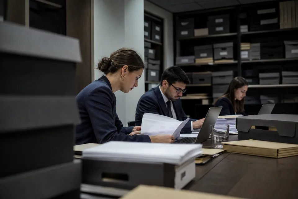 Prawnicy w pokoju danych podczas due diligence